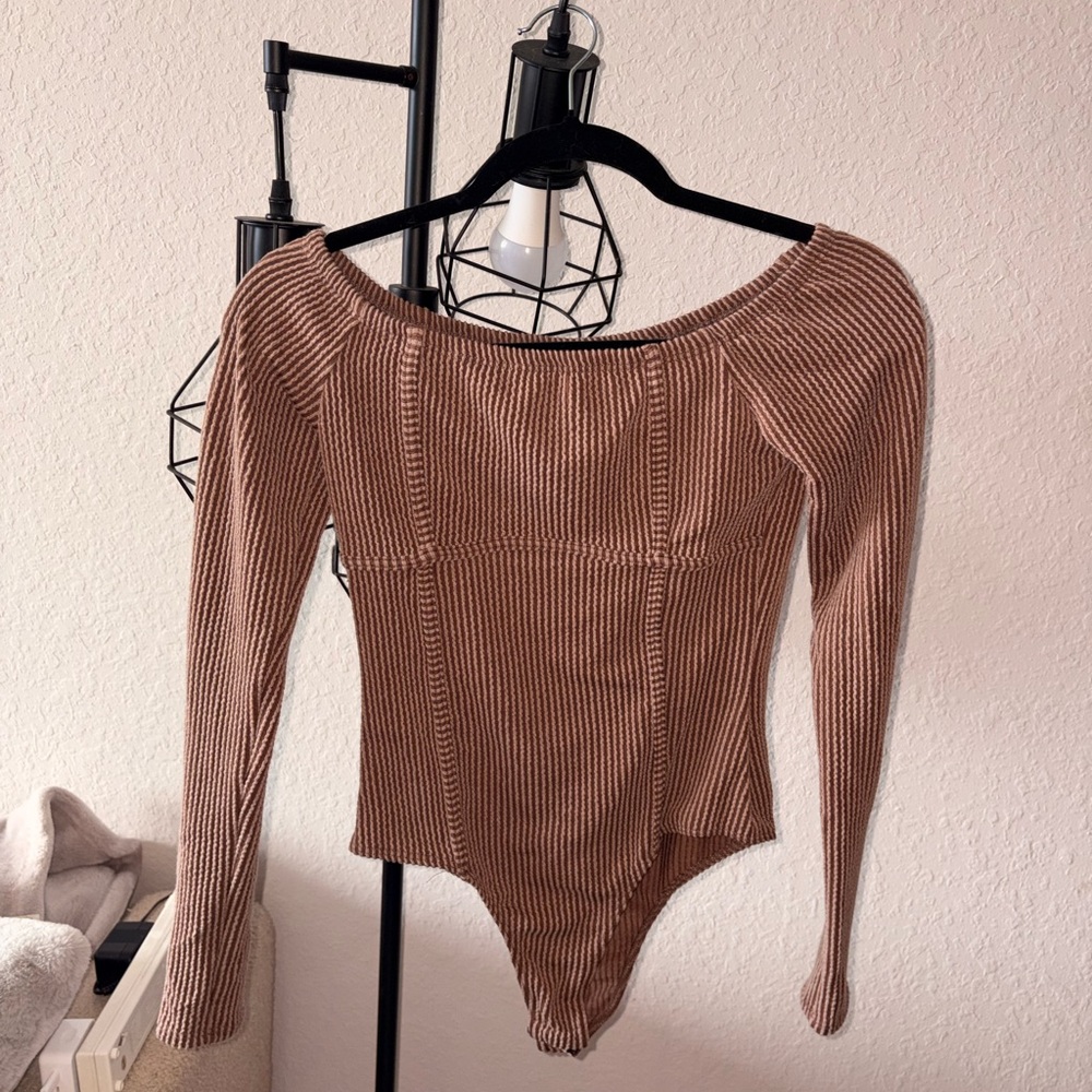 Women's Brown Ribbed Knit Bodysuit